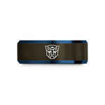 blue grey wedding bands – gunmetal & blue tungsten transformer symbol wedding band