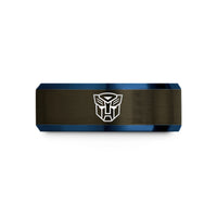 blue grey wedding bands – gunmetal & blue tungsten transformer symbol wedding band