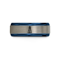 women's tungsten wedding bands – black & blue & gray tungsten daymark triangle wedding band