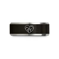 custom engraved promise ring – black & grey tungsten bear family heart wedding band