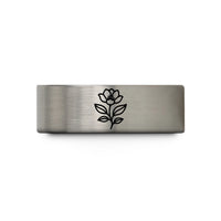 engraved rings for couples – gold & grey tungsten botanical flower wedding band