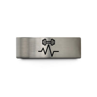 his and hers wedding bands – black & blue & silver tungsten ekg dumbbell wedding band