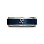 etched rings for couples – blue & gray tungsten ekg dumbbell wedding band