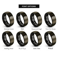 font options for inside engraving on gunmetal & black twisted isometric grid rings