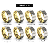 font options for inside engraving on gold & gray unalome lotus rings