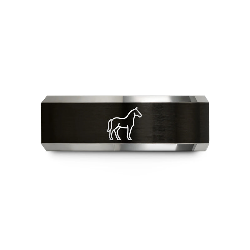 Horse – Tungsten Wedding Band, 8 mm, Silver, Black Comfort-Fit Unisex
