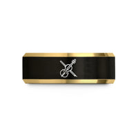 matching couple ring sets – black & gold tungsten violin bow crossed wedding band
