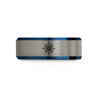women's unique promise rings – black & blue & gray tungsten supernova burst wedding band