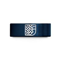men’s tungsten wedding band – gold & blue tungsten basket weave icon wedding band