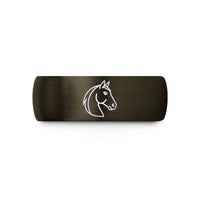 her custom engraved ring – gunmetal & black tungsten thoroughbred wedding band