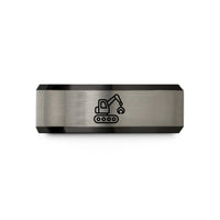 men’s rings with engraving – black & grey tungsten log loader wedding band