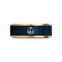 personalized bands for men – gold & blue tungsten sailboat at sunset wedding band