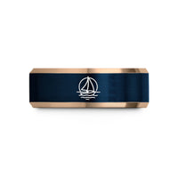 personalized bands for men – rose gold & blue tungsten sailboat at sunset wedding band