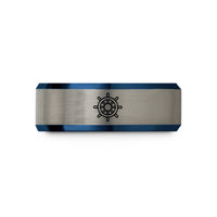 personalized presents for him – blue & silver tungsten ship wheel wedding band