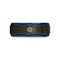 engraved rings for men – gunmetal & blue tungsten ship wheel wedding band