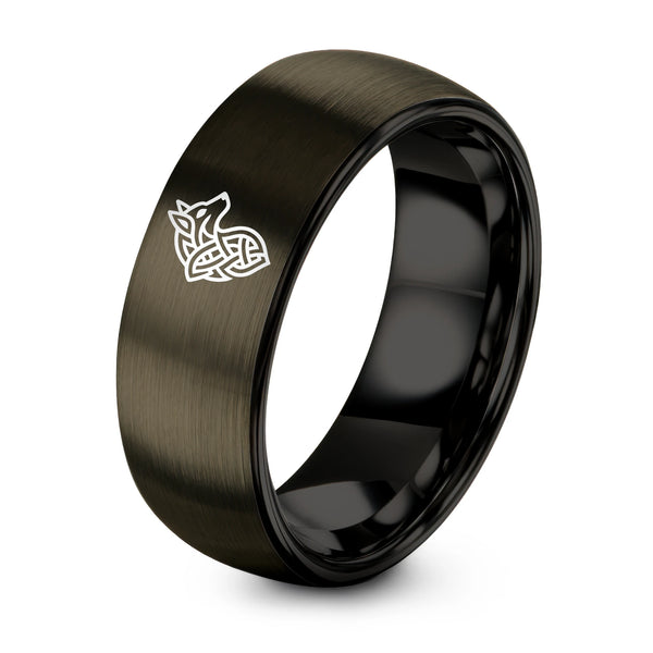 Celtic Wolf Knot – Tungsten Wedding Band, 8 mm, Gunmetal, Black Comfort-Fit Unisex