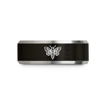 unisex wedding bands – black & silver tungsten deaths head hawkmoth wedding band