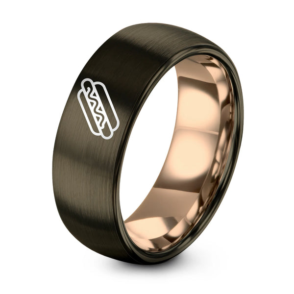 Hot Dog – Tungsten Wedding Band, 8 mm, Gunmetal, Rose Gold Comfort-Fit Unisex