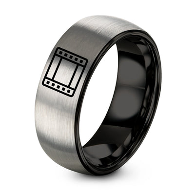 35mm Film Strip – Tungsten Wedding Band, 8 mm, Grey, Black Comfort-Fit Unisex