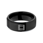 unique engraved wedding band – black tungsten 35mm film strip wedding band