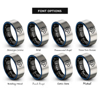 font options for inside engraving on black & blue & grey upload arrow cloud rings