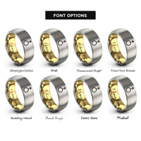 font options for inside engraving on gold & grey uranus planetary glyph rings