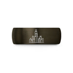 personalized engraved rings – gunmetal & blue tungsten chicago skyline wedding band