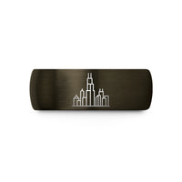 personalized engraved rings – gunmetal & blue tungsten chicago skyline wedding band