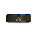 personalized engraved rings – gunmetal & blue tungsten chicago skyline wedding band