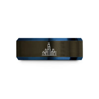 personalized engraved rings – gunmetal & blue tungsten chicago skyline wedding band