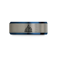 unique presents for partners – black & blue & grey tungsten city skyline wedding band