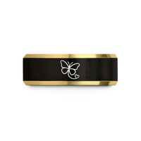custom wedding bands men – black & gold tungsten butterfly heart path wedding band