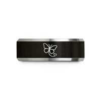 personalized rings for couples – black & silver tungsten butterfly heart path wedding band