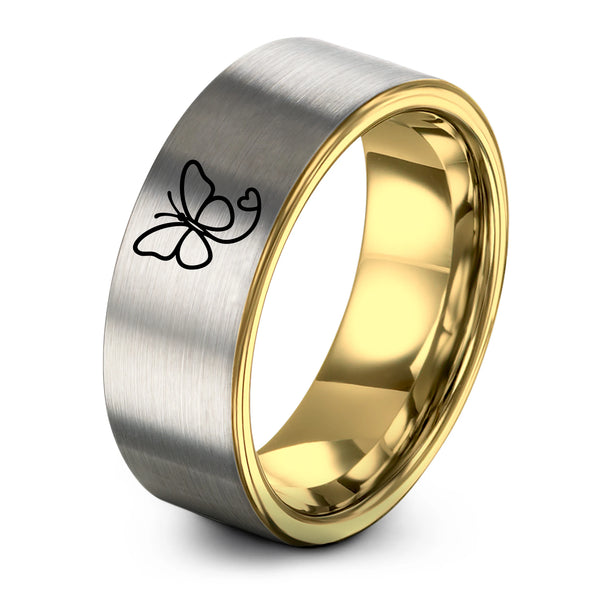 Butterfly Heart Path – Tungsten Wedding Band, 8 mm, Grey, Gold Comfort-Fit Unisex