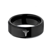 engraved rings for lovers – black tungsten dental caduceus wedding band