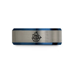 engraved promise ring set – black & blue & grey tungsten ship jolly roger wedding band