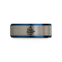 engraved promise ring set – black & blue & grey tungsten ship jolly roger wedding band