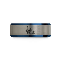 engraved couple bands – black & blue & grey tungsten snowboard bindings wedding band