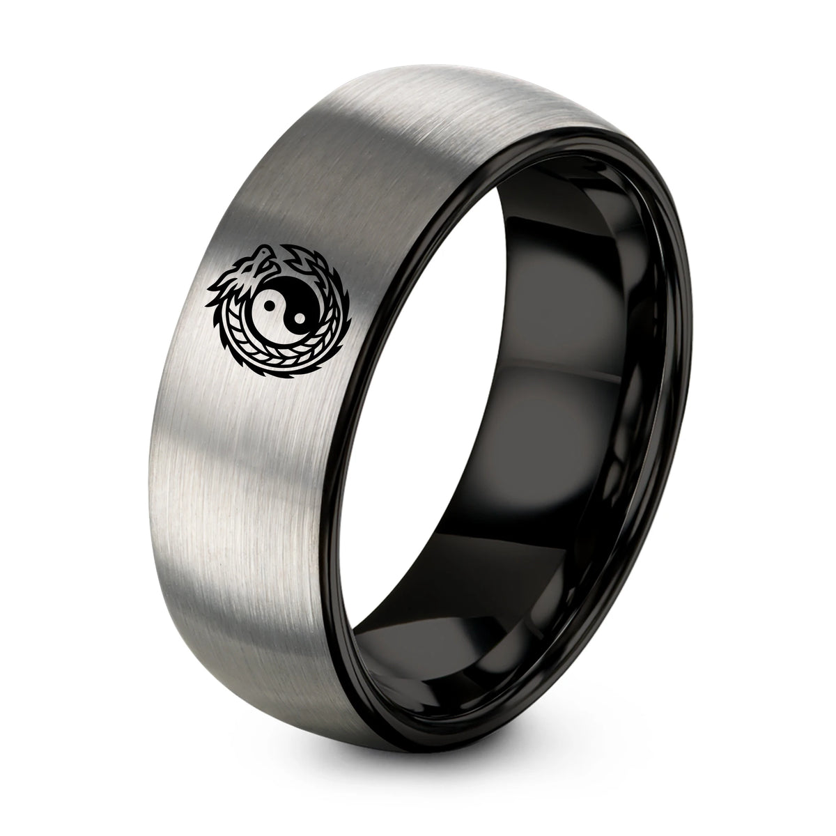 Valentine Gift for Couple – black & silver tungsten yin yang dragon ring
