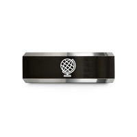 personalized ring for couples – black & silver tungsten globe grid stamp wedding band