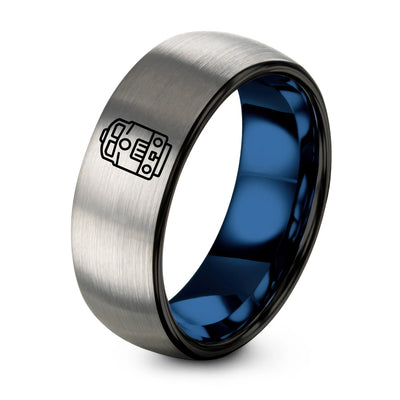 Locomotive Front View – Tungsten Wedding Band, 8 mm, Black, Blue Comfort-Fit Unisex