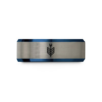 comfort fit wedding bands – blue & grey tungsten arrow fletching nock wedding band