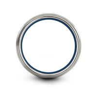 men’s tungsten wedding band – bearing ring engraving on blue & silver tungsten wedding band