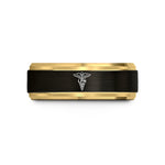ladies engraved tungsten ring – black & gold tungsten lpn caduceus wedding band