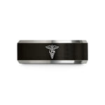ladies engraved tungsten ring – black & grey tungsten lpn caduceus wedding band