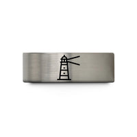 best presents for grandma – silver tungsten lighthouse silhouette beam wedding band