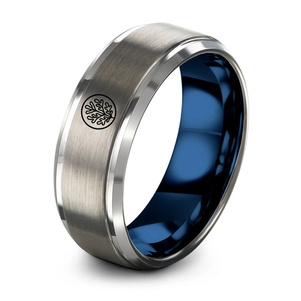 Seaweed Sprig Circle – Tungsten Wedding Band, 8 mm, Blue, Gray Comfort-Fit Unisex