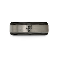 engraved rings for couples – black & grey tungsten phoenix wedding band