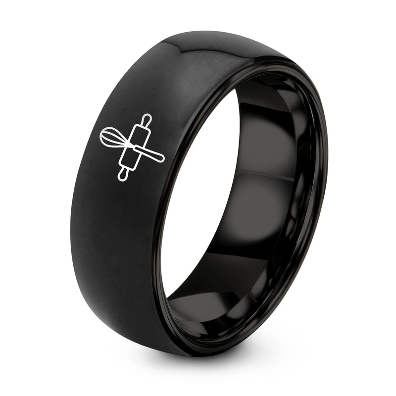 Rolling Pin Whisk – Tungsten Wedding Band, 8 mm, Black Comfort-Fit Unisex