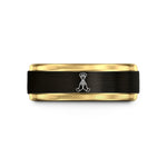 couple present ring sets – black & gold tungsten prayer halo wedding band